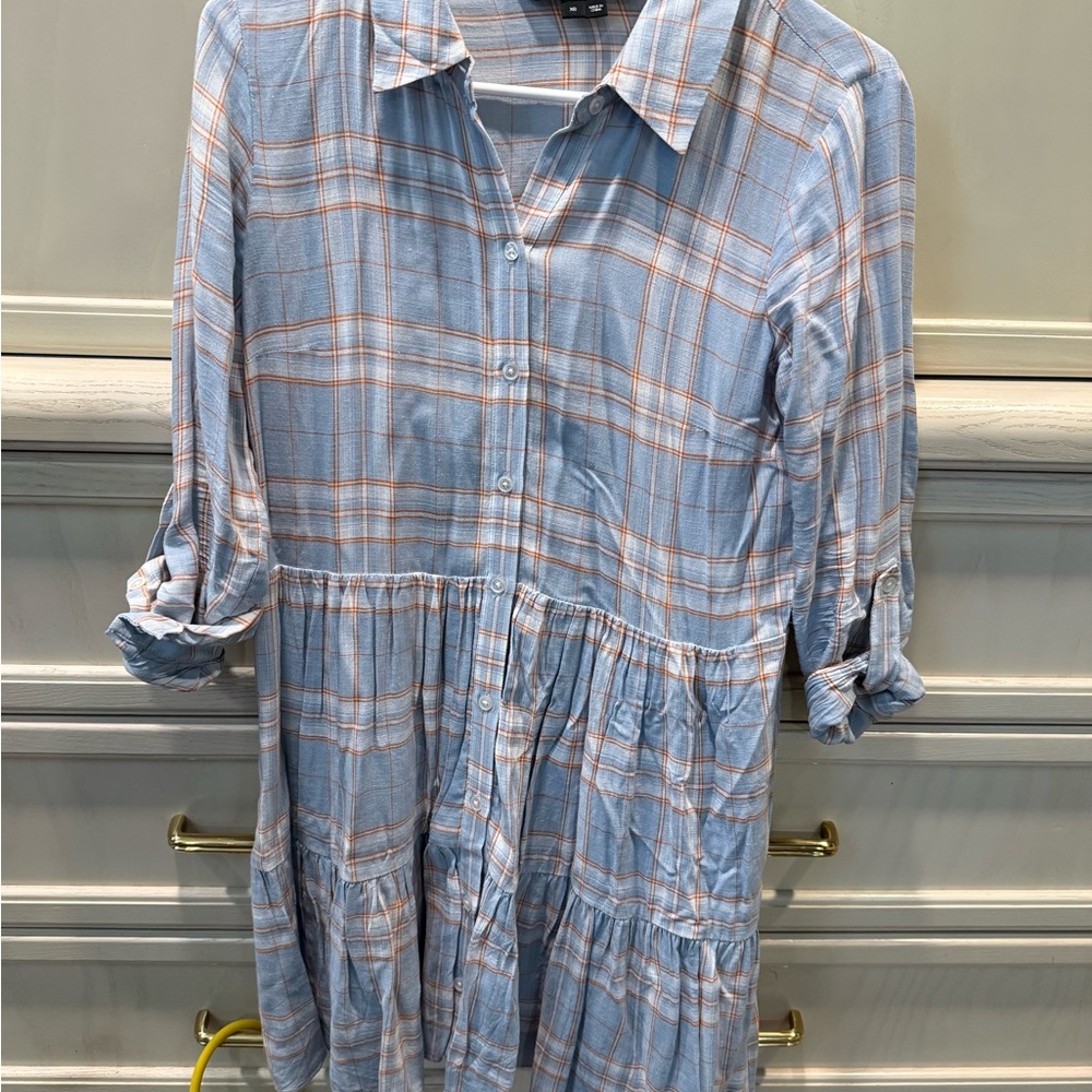 Veronica Beard Light Blue Plaid Long Sleeve Dress